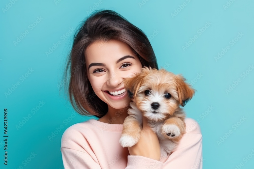 Happy girl with cute little puppy