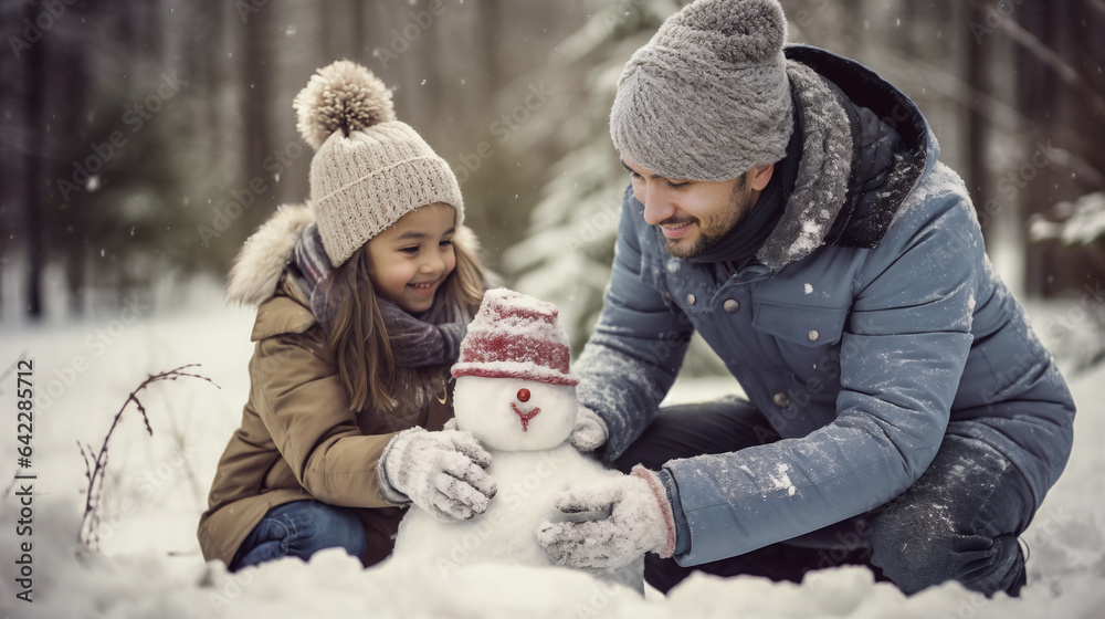 family playing with snowman. Generative AI