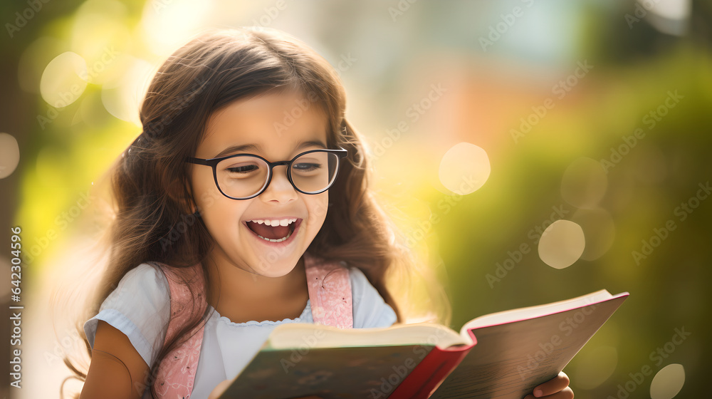 Happy cute little girl wearing glasses while reading book at summer outdoor