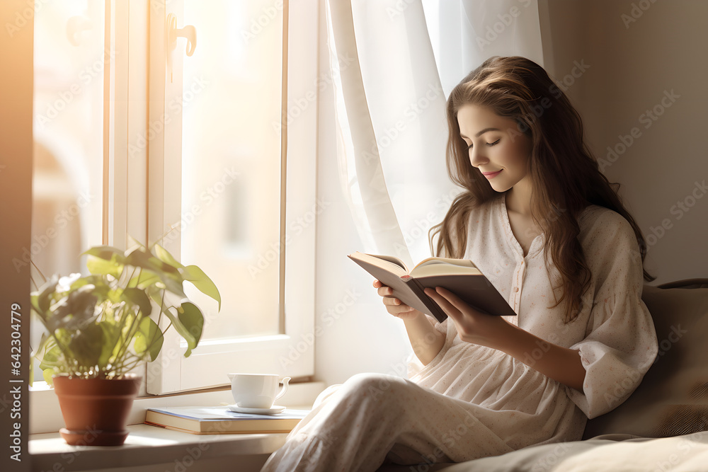 Young woman sitting near window relaxing in her living room reading book, beautiful woman reading bo