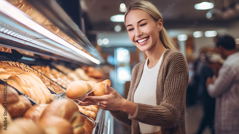 Happy woman buy bread in the bakery shop in the supermarket, Cheerful woman smell bread she hold in 