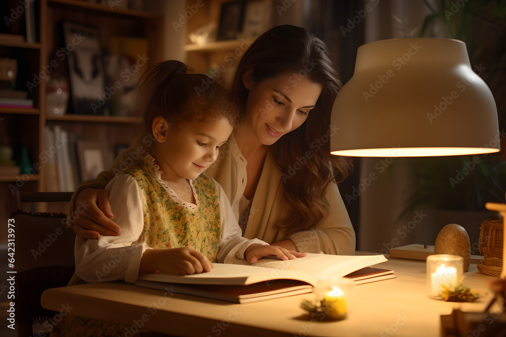 Mother helping her daughter counting and studying together in a house, adult woman helps her child d