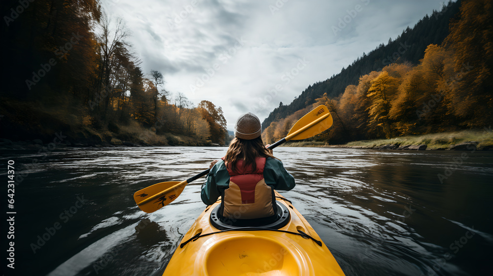 Back view of woman riding kayak on a lake in the mountains on a sunny day, beautiful female kayaking