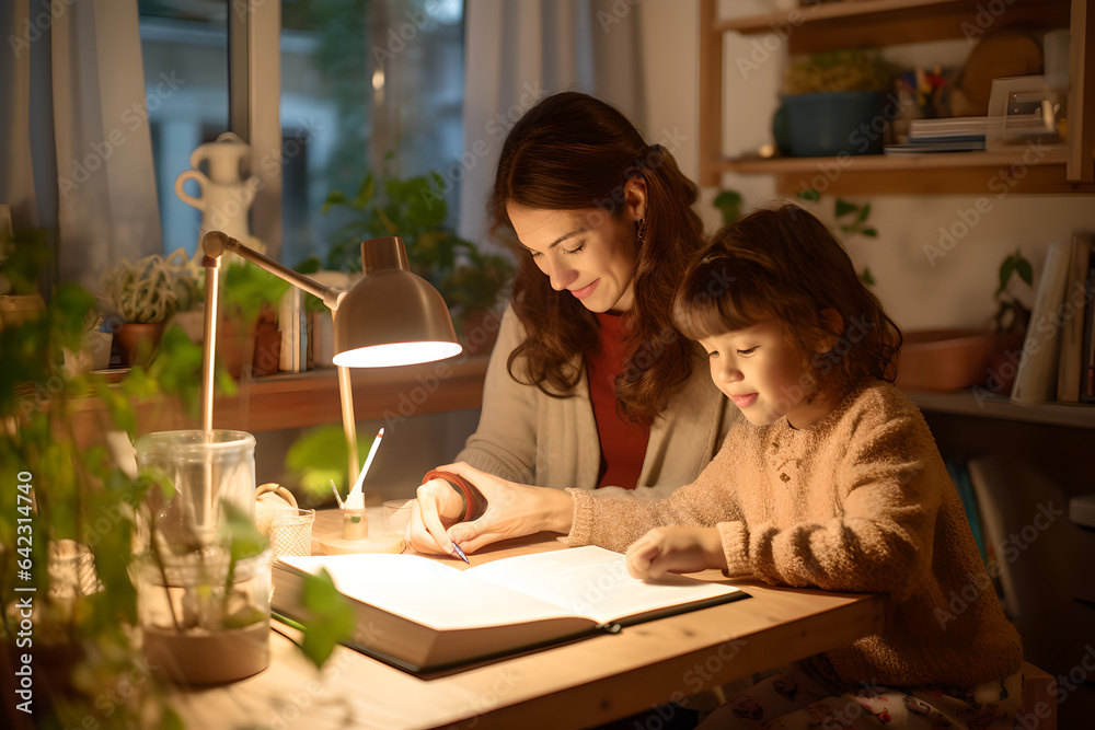 Mother helping her daughter counting and studying together in a house, adult woman helps her child d