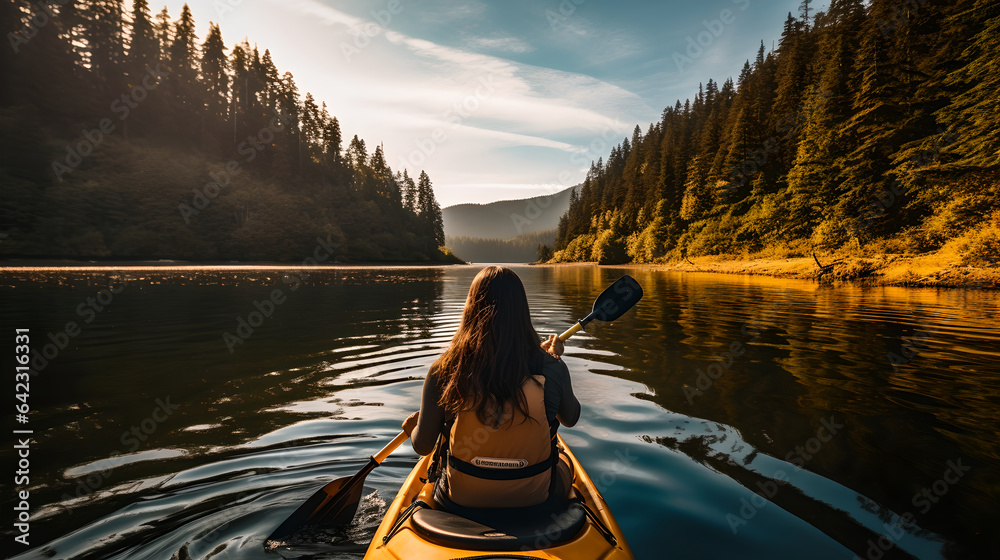 Back view of woman riding kayak on a lake in the mountains on a sunny day, beautiful female kayaking