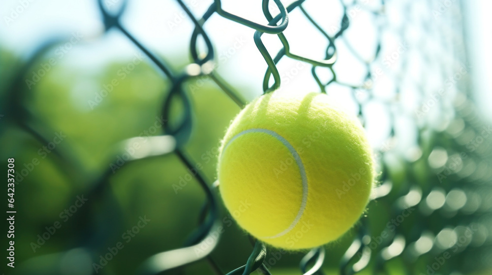 Close up of a tennis ball on a net, a tennis court