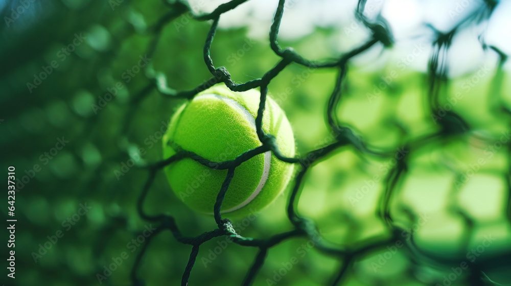 Close up of a tennis ball on a net, a tennis court