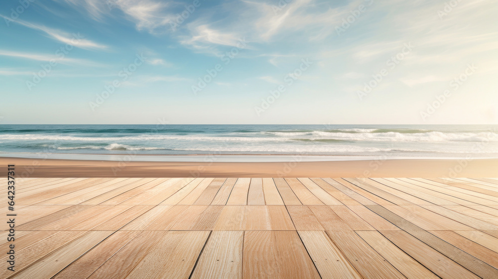 Empty wooden deck with blurred beach for product presentation