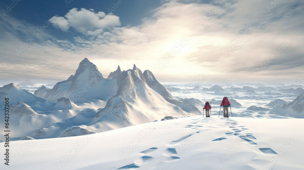 Mountain landscape with snow-covered peaks. Three tourists walking along the valley