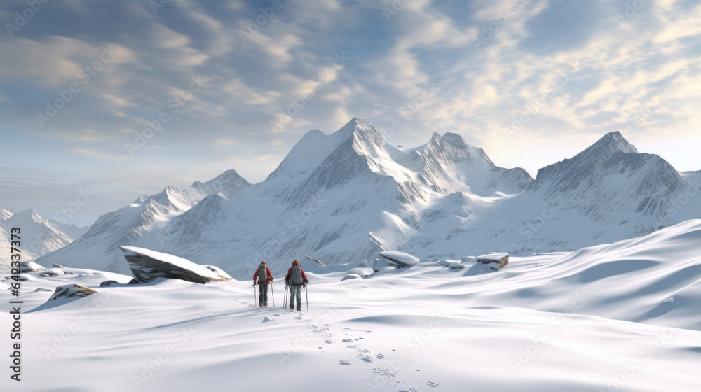 Mountain landscape with snow-covered peaks. Three tourists walking along the valley