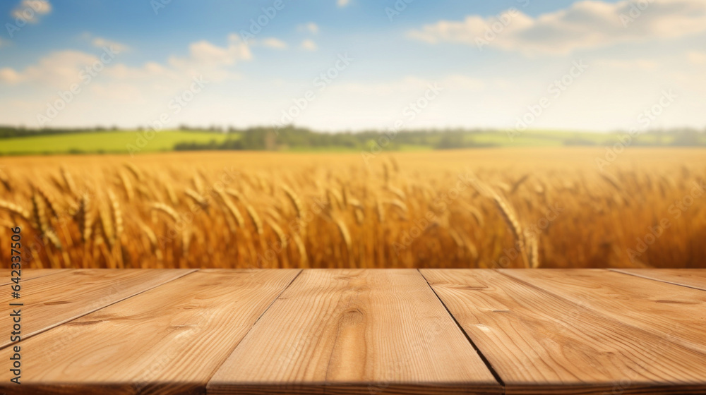 Empty wooden table top with blurred wheat background