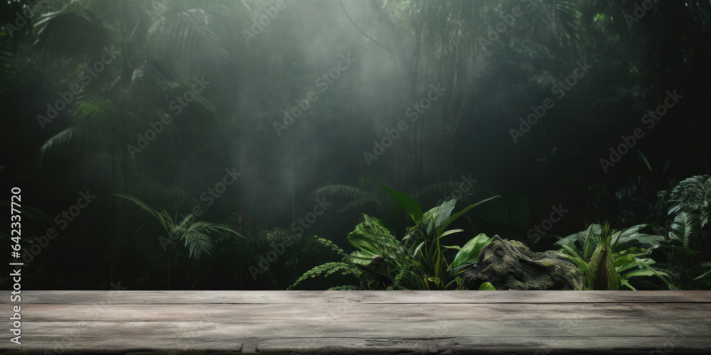 Empty cement texture table with jungle blur background