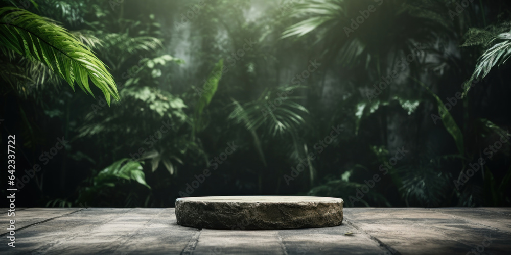 Empty cement texture table with jungle blur background