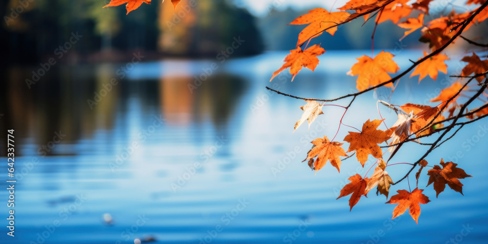 Autumn landscape. Fiery shades of autumn foliage and the cool deep blue of the lake.