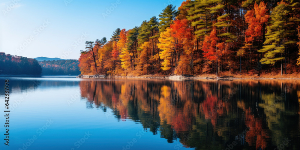 Autumn landscape. Fiery shades of autumn foliage and the cool deep blue of the lake.