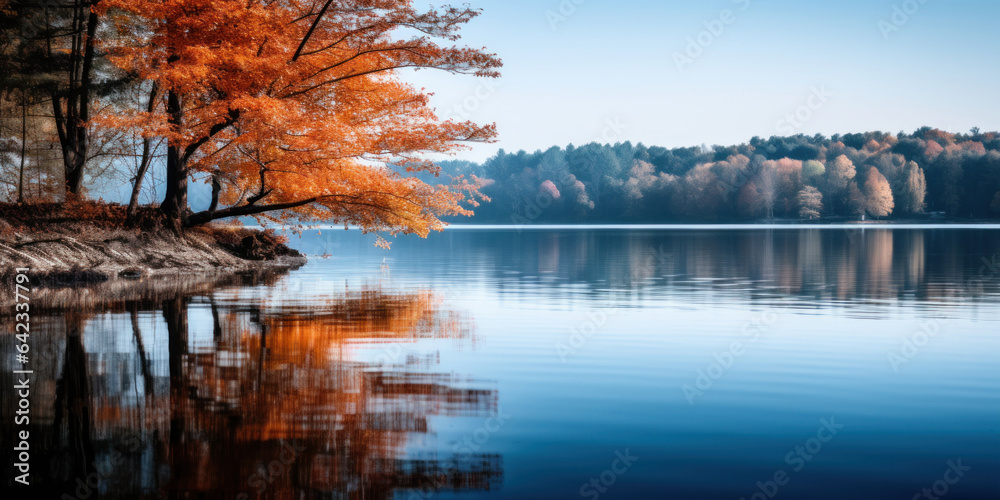 Autumn landscape. Fiery shades of autumn foliage and the cool deep blue of the lake.