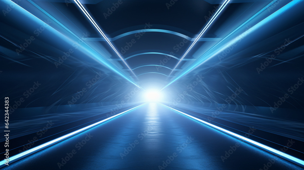 Perspective view of an empty tunnel with glowing end