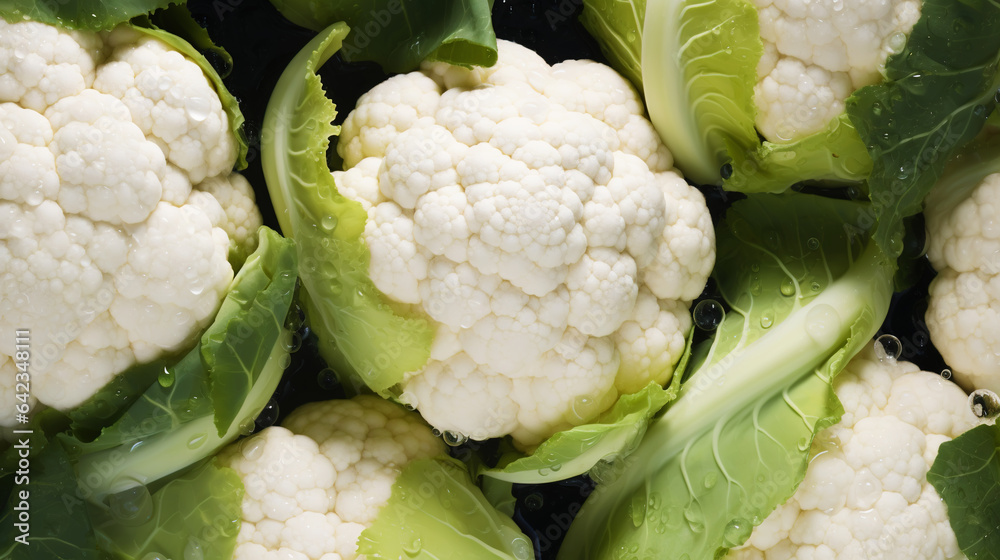 Fresh cauliflowers with water drops background. Vegetables backdrop. Generative AI