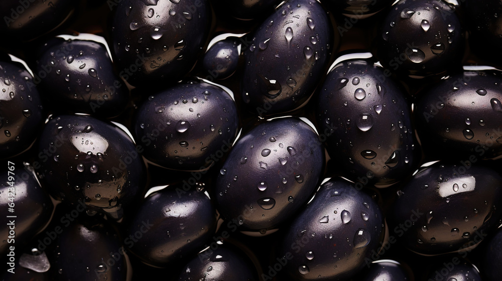 Black olives with leaves and water drops background. Vegetables backdrop. Generative AI