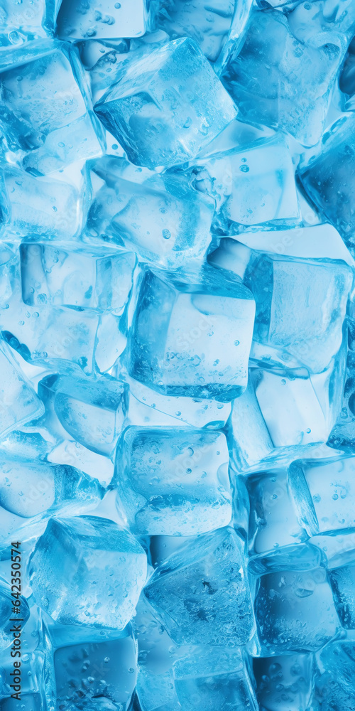 Ice cubes bluish background. Frozen water. Cold fresh concept. Generative AI