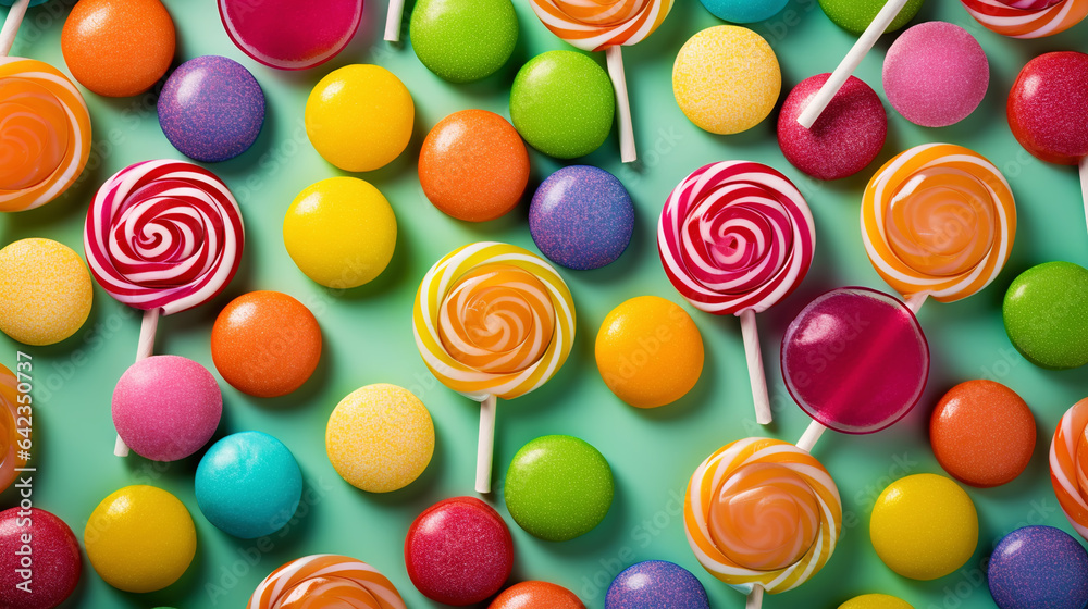 Colorful lollipop candies background. Top view. Generative AI