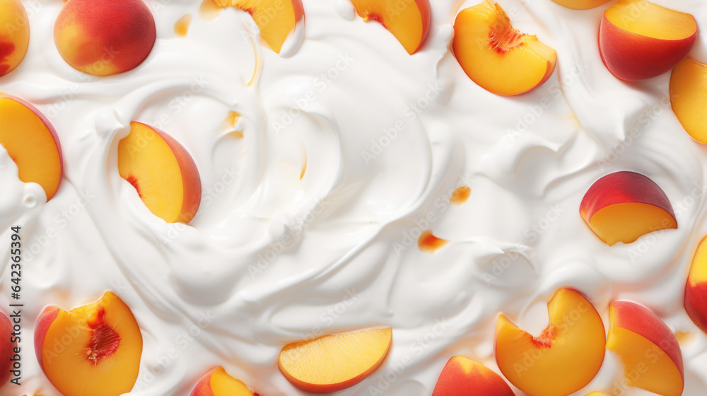 Yogurt and fresh peaches, background. Top view. Generative AI