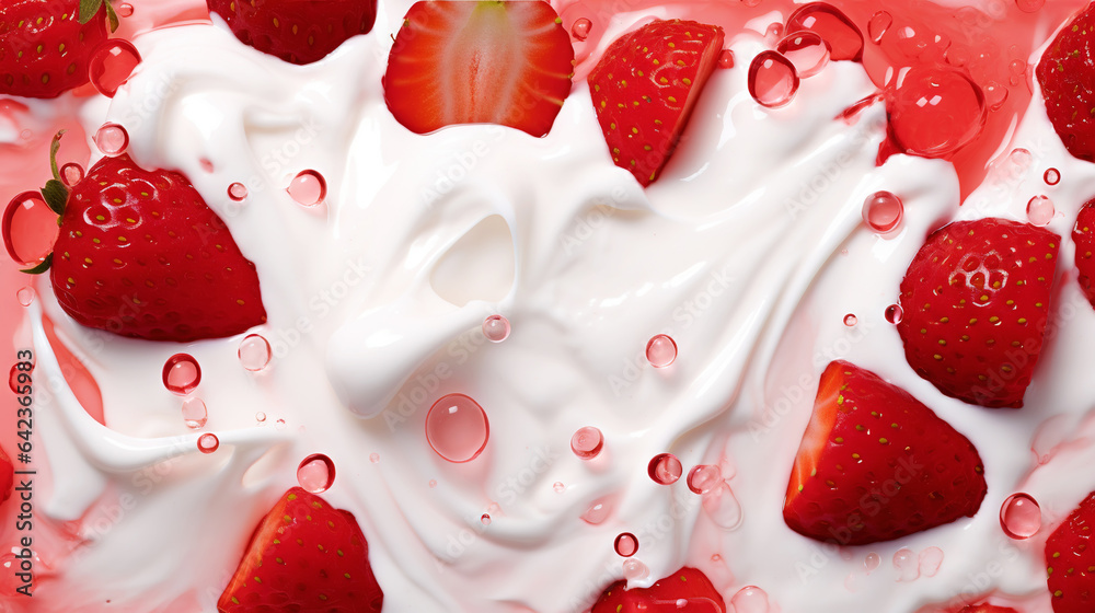 Yogurt and fresh strawberries, background. Top view. Generative AI