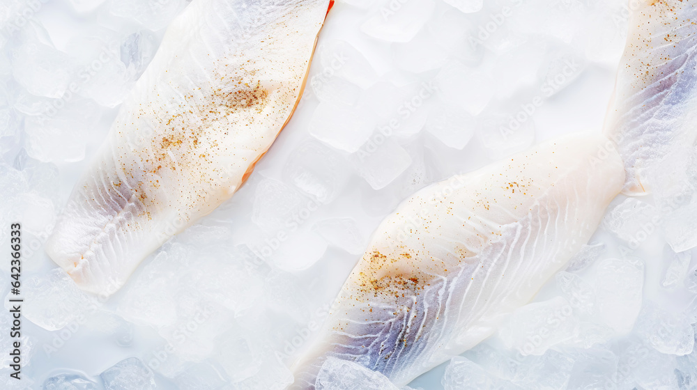 Fresh raw cod fish on ice. Seafood background. Generative AI