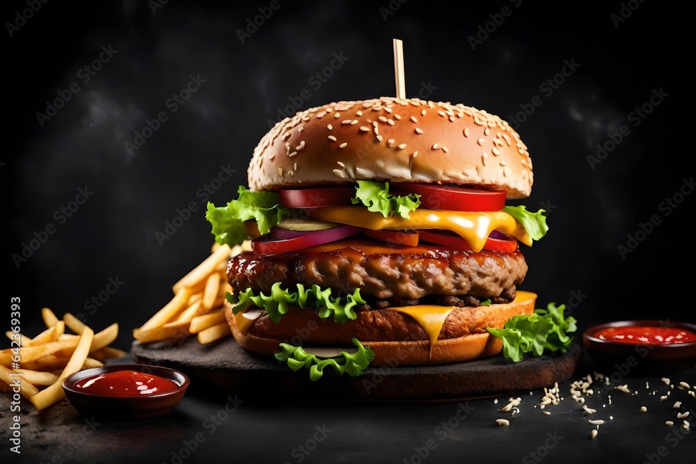 Front view meat burger with french fries on dark background