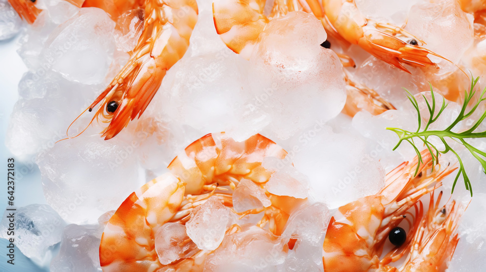 Top view of raw whole shrimps on ice. Seafood background. Generative AI