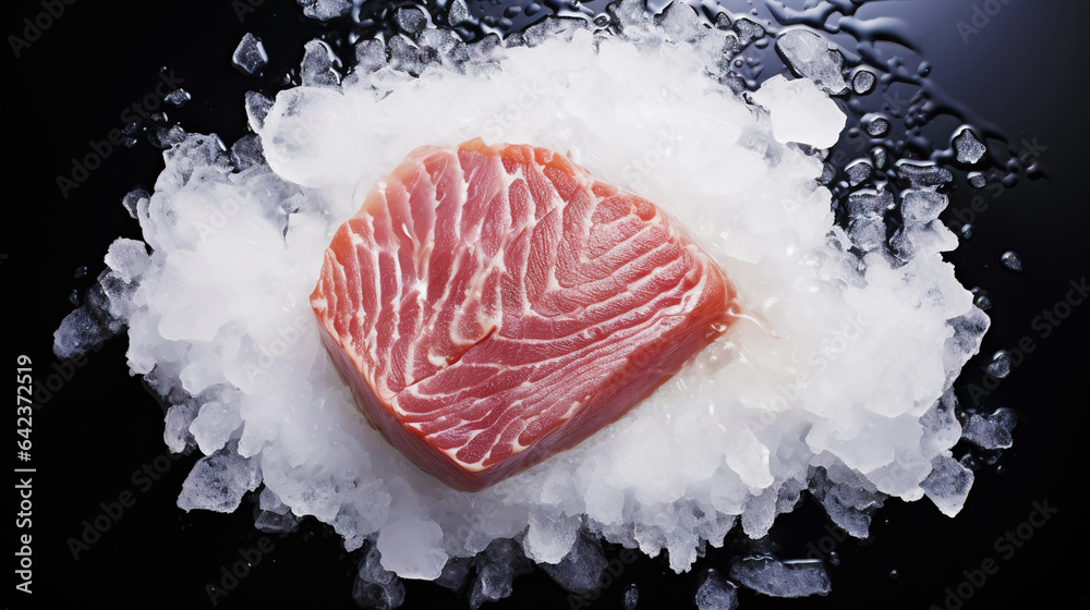 Slices of tuna fish on the ice cubes. Fresh fish fillet. Seafood background. Generative AI