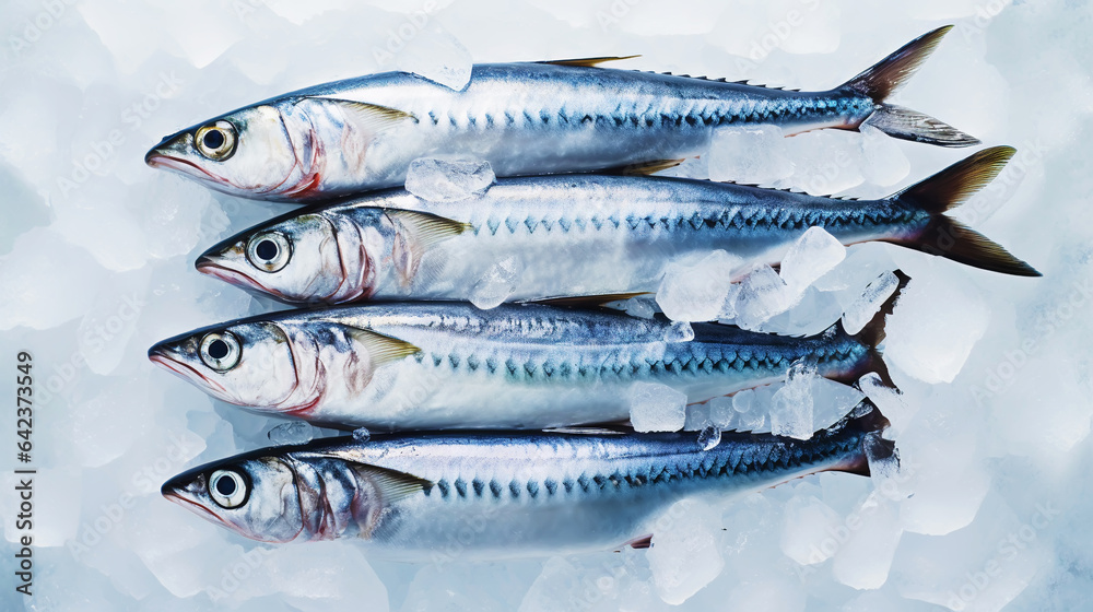 Fresh mackerel fish (Scomber scrombrus) on ice. Seafood background. Generative AI