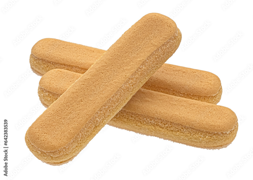 Italian savoiardi biscuits, ladyfinger cookies isolated on white background, full depth of field