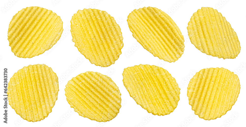 Ridged potato chips isolated on white background