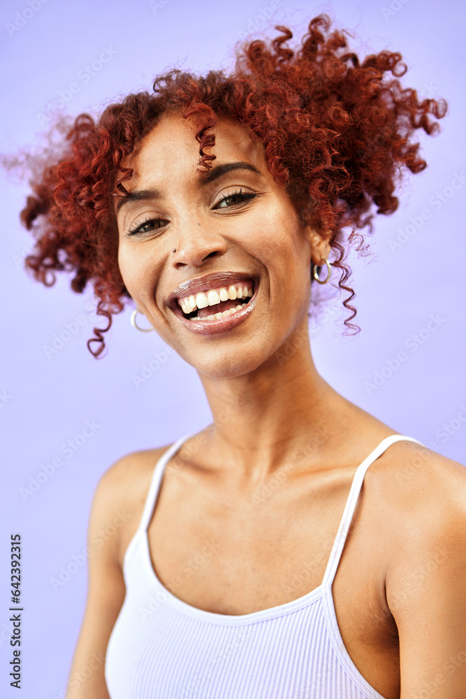 Smile, fashion and happy woman with aesthetic beauty, style and hair isolated in a studio purple bac