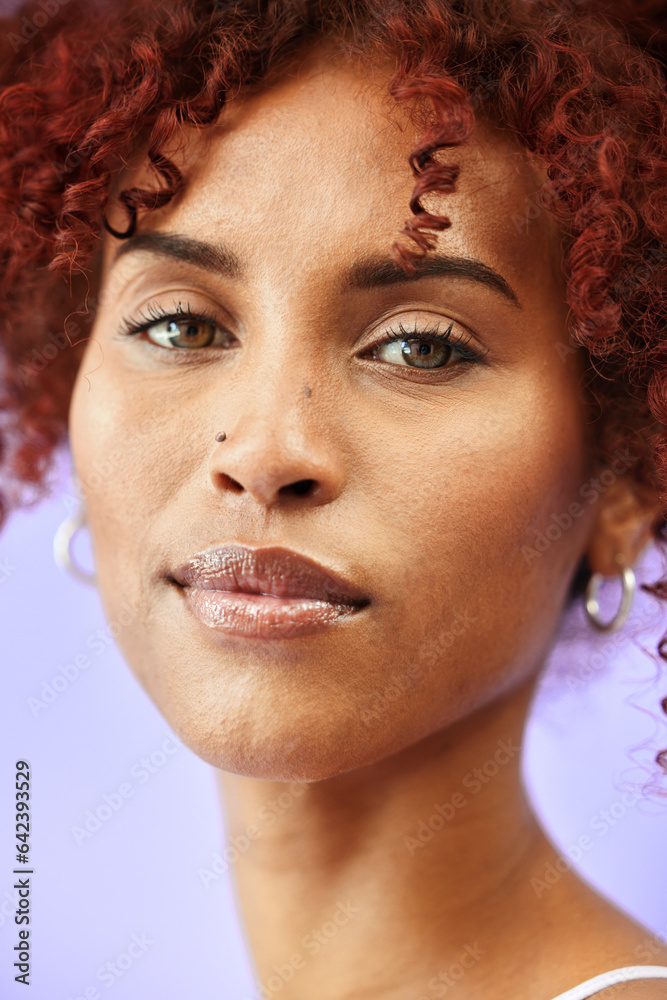 confident, face and woman with makeup style, beauty and hair isolated in a studio purple background.