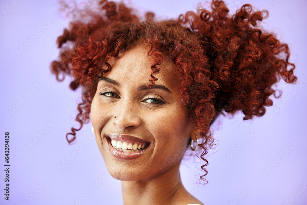 Smile, face and happy woman with aesthetic style, beauty and hair isolated in a studio purple backgr