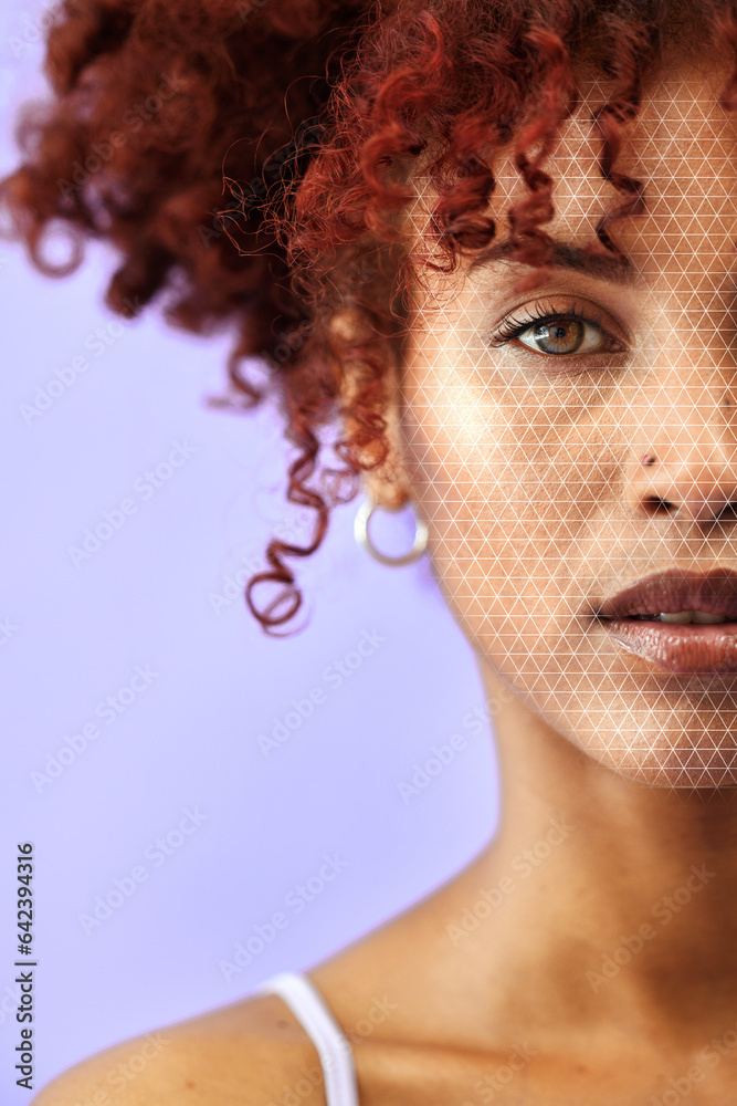 Portrait, mockup and a facial recognition for beauty with a woman on a purple background in studio. 