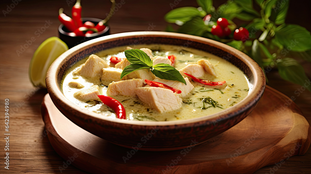 Thai food, Green curry chicken with coconut curry on the wooden floor background. Generative Ai