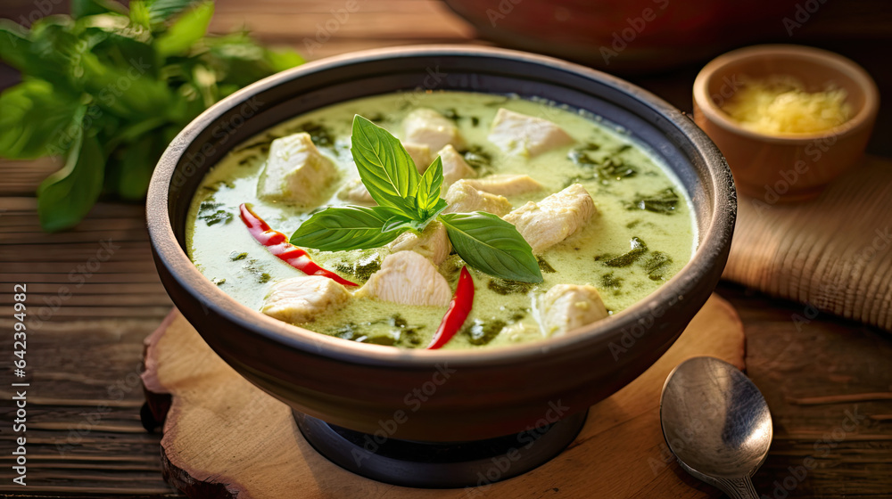 Thai food, Green curry chicken with coconut curry on the wooden floor background. Generative Ai