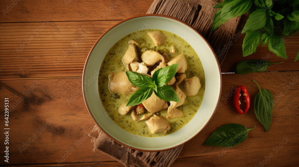 Top view of  Green curry chicken on the wooden floor background. Thai food. Generative Ai