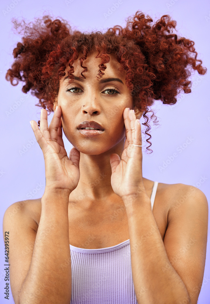 Woman, hair and beauty with hands on face in a studio, red curls and dermatology with makeup isolate