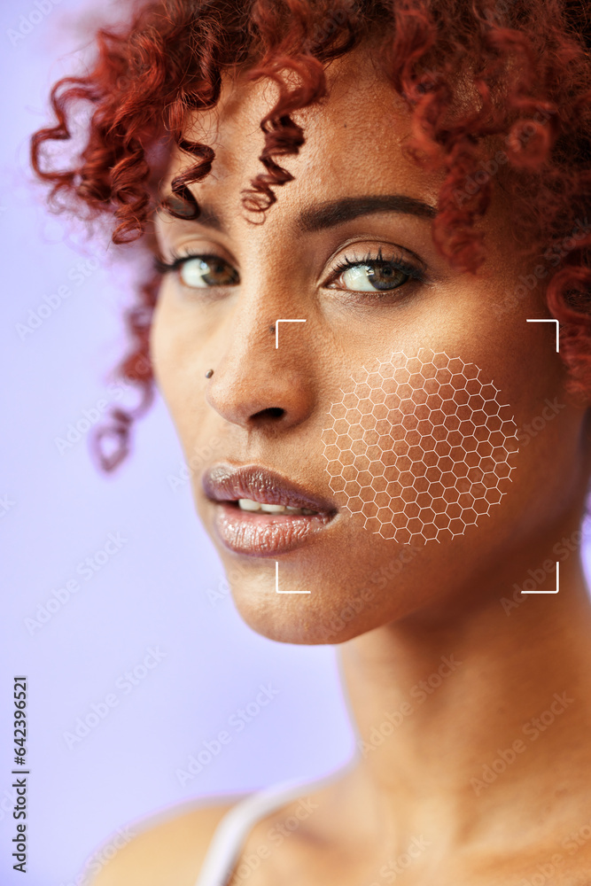 Portrait, beauty and skin technology for pigment with a woman in studio on a purple background close