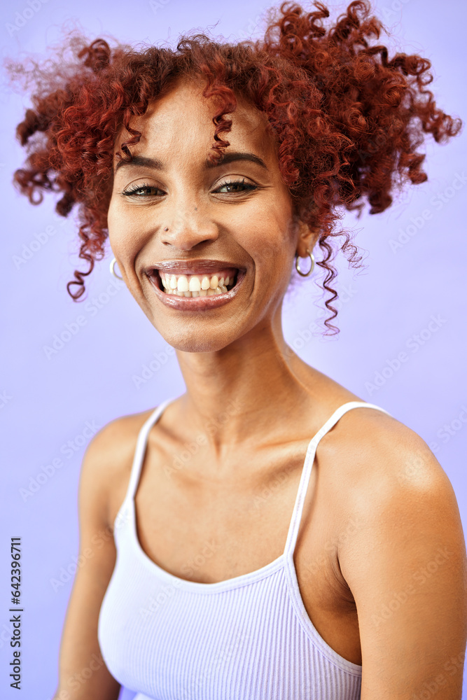 Smile, fashion and happy woman with aesthetic style, beauty and hair isolated in a studio purple bac