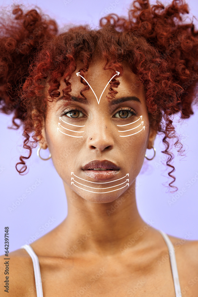 Studio portrait, plastic surgery lines and woman with cosmetics, facial aesthetic and medical beauty