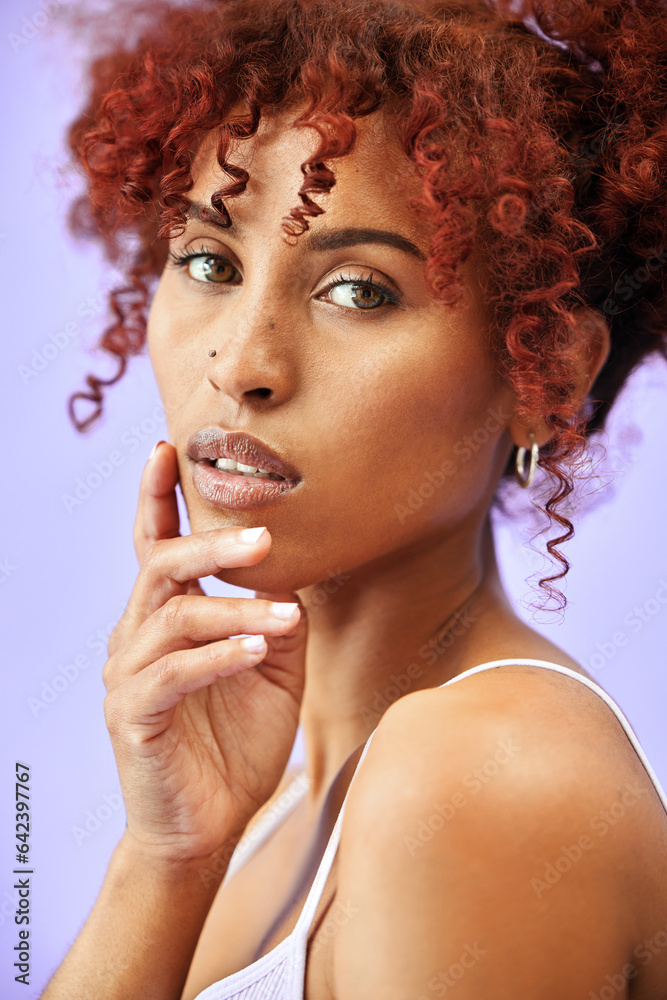 Woman, hair and beauty with portrait and skincare in a studio, red curls and dermatology with makeup