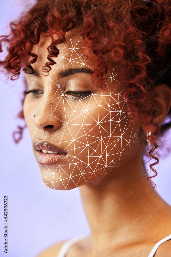 Skincare, facial recognition and grid for beauty with a woman on a purple background in studio. Face