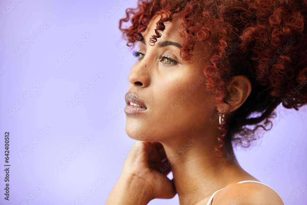 Face, profile and woman, natural beauty and hair with cosmetics and makeup isolated on purple backgr