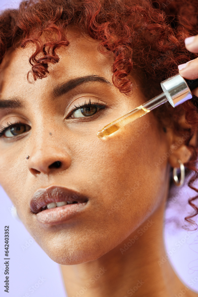 Skincare, portrait and woman with facial serum in a studio for natural, beauty and cosmetic routine.