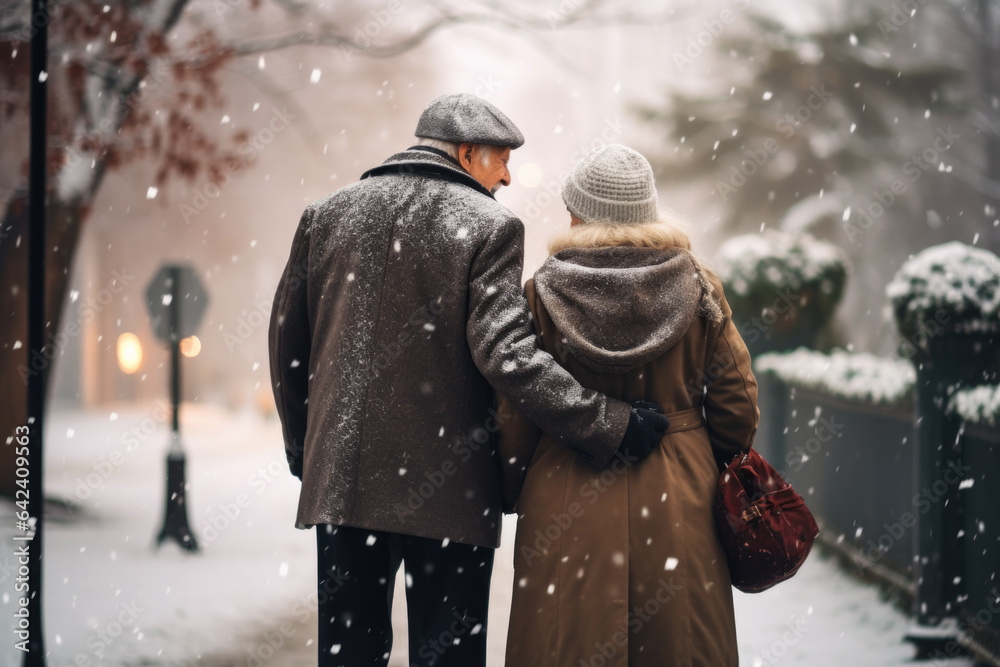 Back view of couple of seniors hugging and walking together in park during winter.